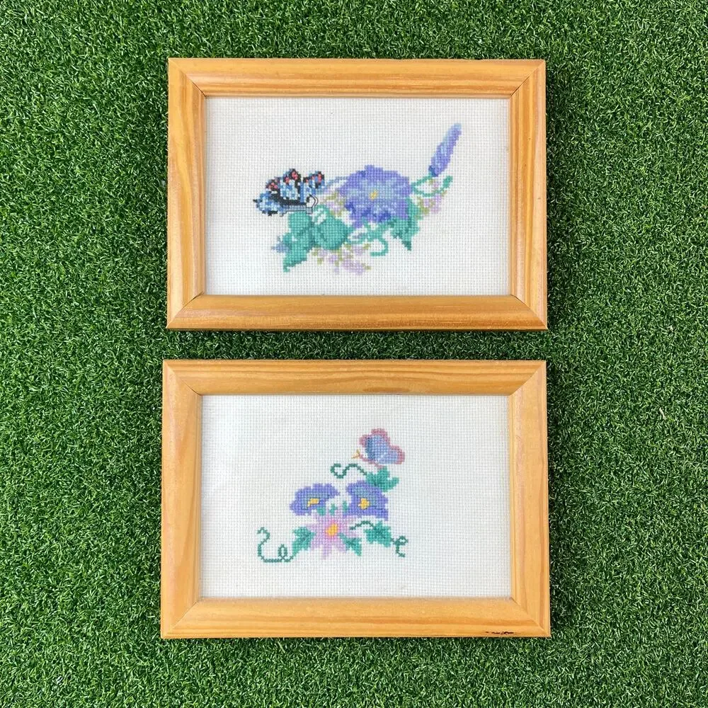 Vintage Lot of 2 Hand Stitched Alicia Floral Butterfly Wooden Frame